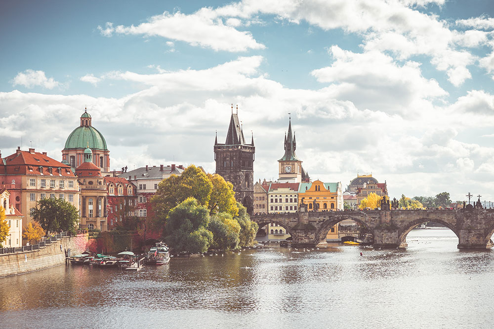 Charles Bridge and Vltava River in Sunny Prague